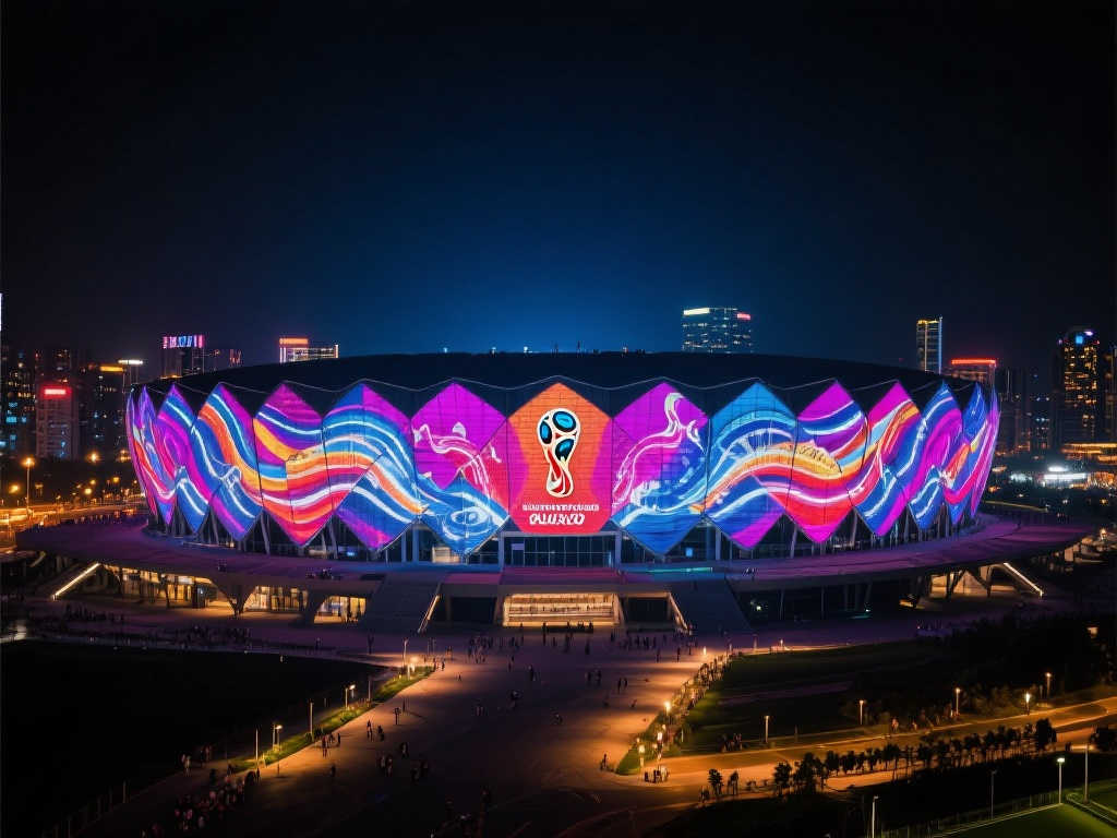 世界杯球场夜间灯光秀惊艳亮相,宛如画卷 Assistant: 世界杯球场夜间灯光秀惊艳亮相,宛如画卷 Assistant:
